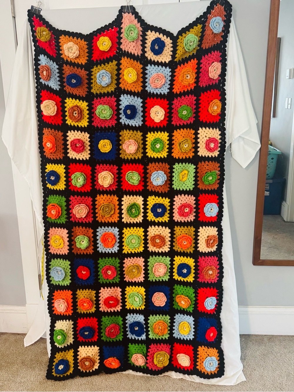 Hand Knit Crocheted Crochet Flowers Granny Square Blanket Afghan twin size